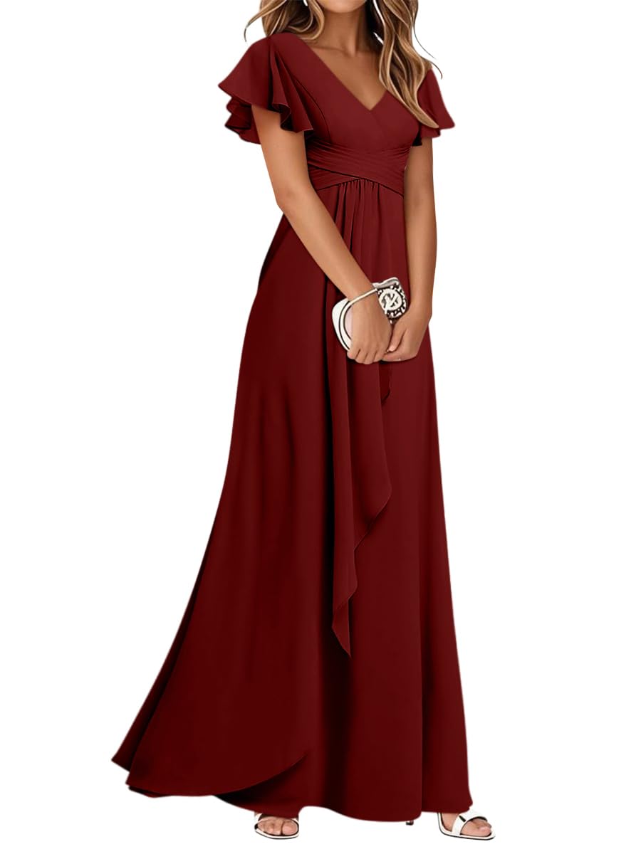 Minetom Damen Abendkleider V-Ausschnitt Hohe Taille A-Linie Chiffon Brautjungfernkleid Elegant Lang Ballkleid Abschlusskleid