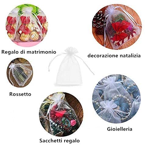 WedDecor 100 mini sacchetti in organza con coulisse, 7 cm x 9 cm, piccoli sacchetti regalo trasparenti per bomboniere, Natale, compleanni, gioielli, forniture per feste, sacchetti in rete trasparente