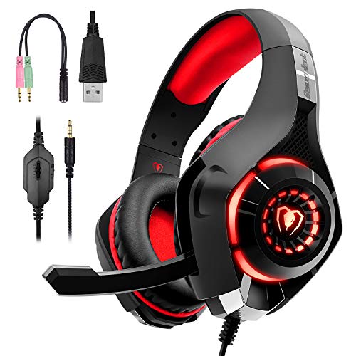 PS4 Headset Gaming Headset for PS4, Xbox One Controller, Nintendo Switch, PC, Laptop, Mac, Over Ear Headphones PS4 Headset with Noise Cancelling Mic, LED Light, Stereo Bass Surround Sound, Red