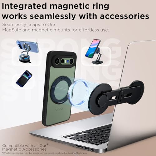 Image of RIGGEAR Shockproof Sleek Hybrid Armor 360 Rotating Magnetic Ring Stand Back Cover Case Compatible with MagSafe Accessories for Vivo X300 FE 5G (Clear PC + Black TPU Bumper)
