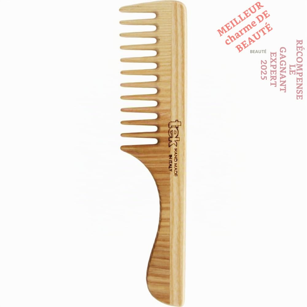 TEK - Peigne à Dents Larges et avec Manche en Bois de Frêne, Fabriqué à la Main en Italie, pour les Cheveux Normaux, Bouclés ou Ondulés - 20 x 4.5 cm