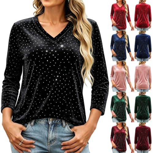 Women Velvet V Neck 3/4 Sleeve Sparkle Dot Tunic Top Soft Stretch Shiny Rhinestone Blouse, Dressy Casual Shirt for Holiday Night Out Event Black - image 1