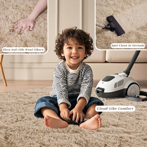 Beige Rugs for Bedroom 6x9 ft - Ultra Soft Faux Fur Area Rug - Plush Non-Slip Shaggy Carpet for Living Room, Cozy Fluffy Rug for Kids Boys Girls Dorm Nursery Room, High Pile Floor Carpet