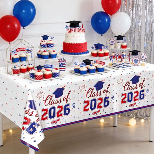 Image of Oigco 2026 Graduation Decorations, 2 Pack Red and Blue Graduation Tablecloths Class of 2026, Congrats Grad Plastic Rectangle Table Cloths for Graduation Party Decorations, 54 x 108 Inch