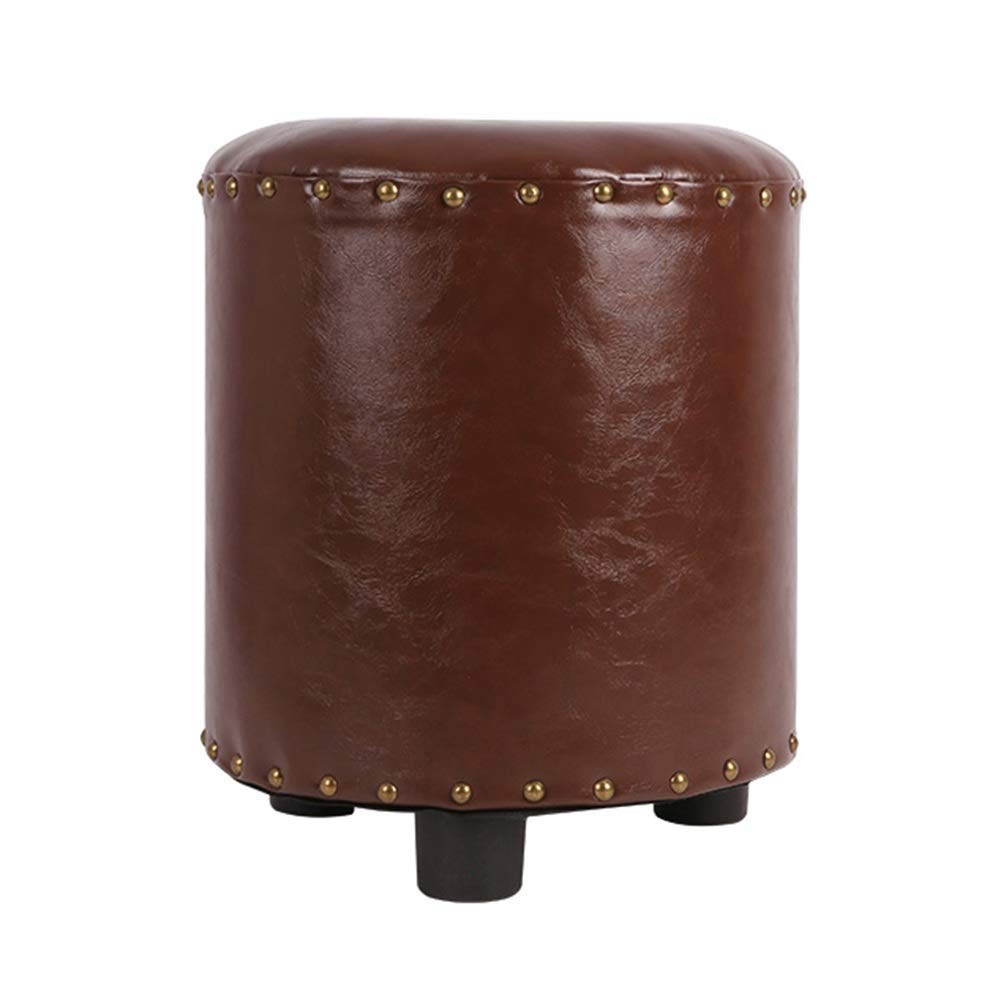 Folding Storage Ottoman Footstool PU Leather Stool Solid Wood Sofa Stool Round Low Small Bench Home Creative Simple Shoe Bench Cube Storage Boxes Footrest Stool (Color : Brown, Size : 34X40cm)