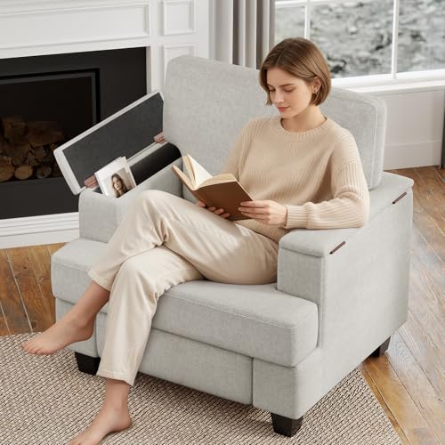 Ckaff Extra-Larges Fauteuil Salon Rangement, Fauteuil Relax Rembourré avec Accoudoirs avec Rangement & Dossier Amovible, Fauteuil Relaxation avec Cadre en...