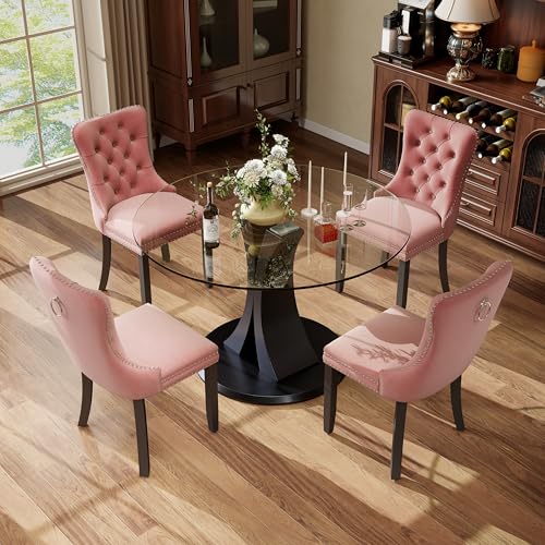 Image of 5-Piece Dining Table Set with 39In Tempered Glass Table and 4 Velvet Upholstered Chairs, Modern Scandinavian Furniture for Dining Room Kitchen(Pink)