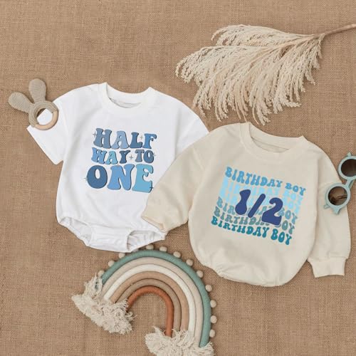 2PCS Baby Girl Boy Halfway to One Birthday Rompers – 1/2 Way to One Bodysuit Outfit, Cute Sweatshirt Set2