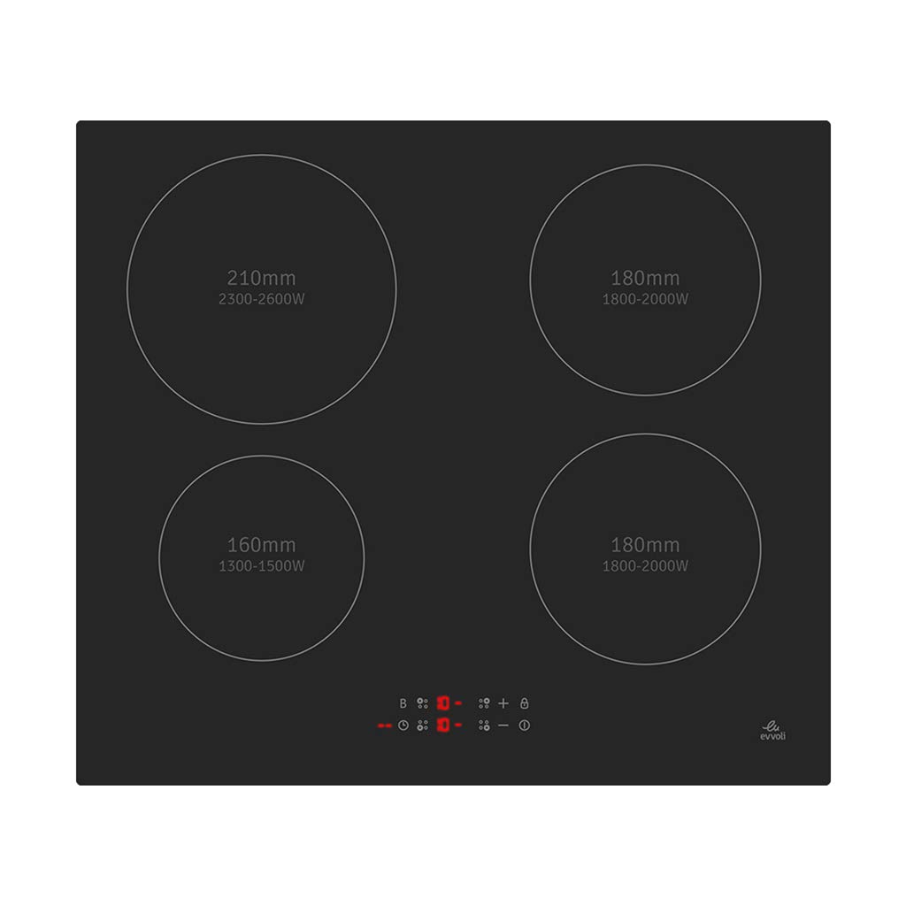 Built-In Induction Hob, 4 Burners, Soft Touch Control With 9 Stage Power Setting And Safety Switch, EVBI-IH604B, Black