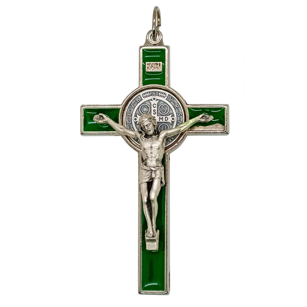 VILLAGE GIFT IMPORTERSSaint Benedict Medal Crucifix | Patron Saint of Students and Europe | Includes Case and Cord | Great Catholic Gift for First Holy Communion and Confirmation (Green)