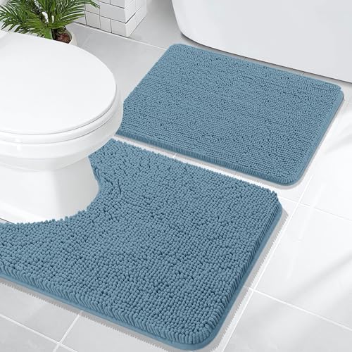 Image of OLANLY Bathroom Rugs Sets 2 Piece, Soft Absorbent Chenille Bath Mats and U-Shaped Contour Toilet Mat Area Rug Set, Machine Washable Bath Carpet, Home Decor Accessories(24 inchx16 inch+24 inchx20 inch, Airy Blue)