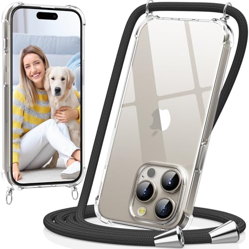 caslord Handyband kompatibel mit iPhone 15 Pro Max Necklace Hülle mit Bands Handyhülle für zum Umhängen Transparent Case mit Handykordel Stoßfeste Schutzhülle zum Umhängen Kordel Schwarz