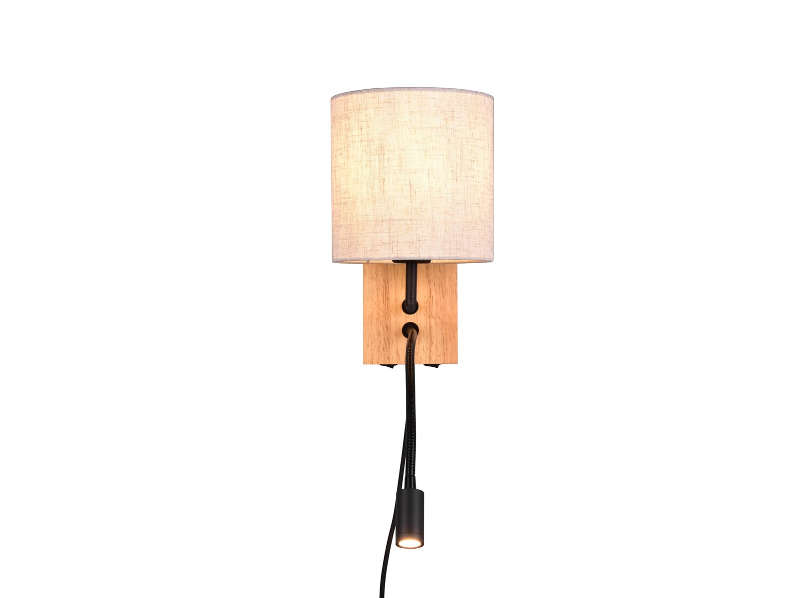 Wandleuchte mit Leselampe, Schalter, Kabel und Stecker, Stoff Lampenschirm rund Leinen Beige, Wandplatte Holz, Höhe 30cm inkl. stufenweise dimmbarem E27 Leuchtmittel, Design skandinavisch