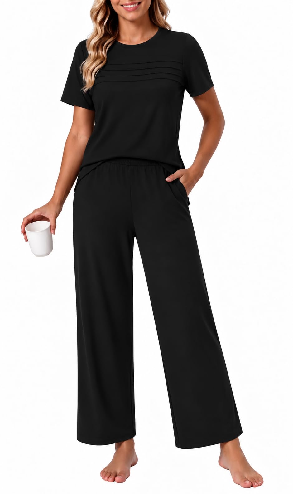 Women 2 Piece Pajama Sets Fall Lounge Outfits Pleated Travel Set