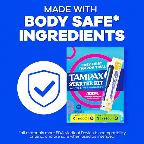 Image of Tampax Starter Kit Multipack, with LeakGuard Braid, Regular /Super Absorbency, Easy First Tampon Trial, Unscented, 12 Count