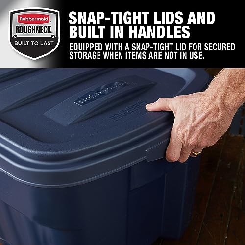 Image of Rubbermaid Roughneck Tote 50 Gal, 2 Pack, Made in USA, Dark Indigo Metallic, Rugged Plastic Stackable Storage Bins with Lids and Handles