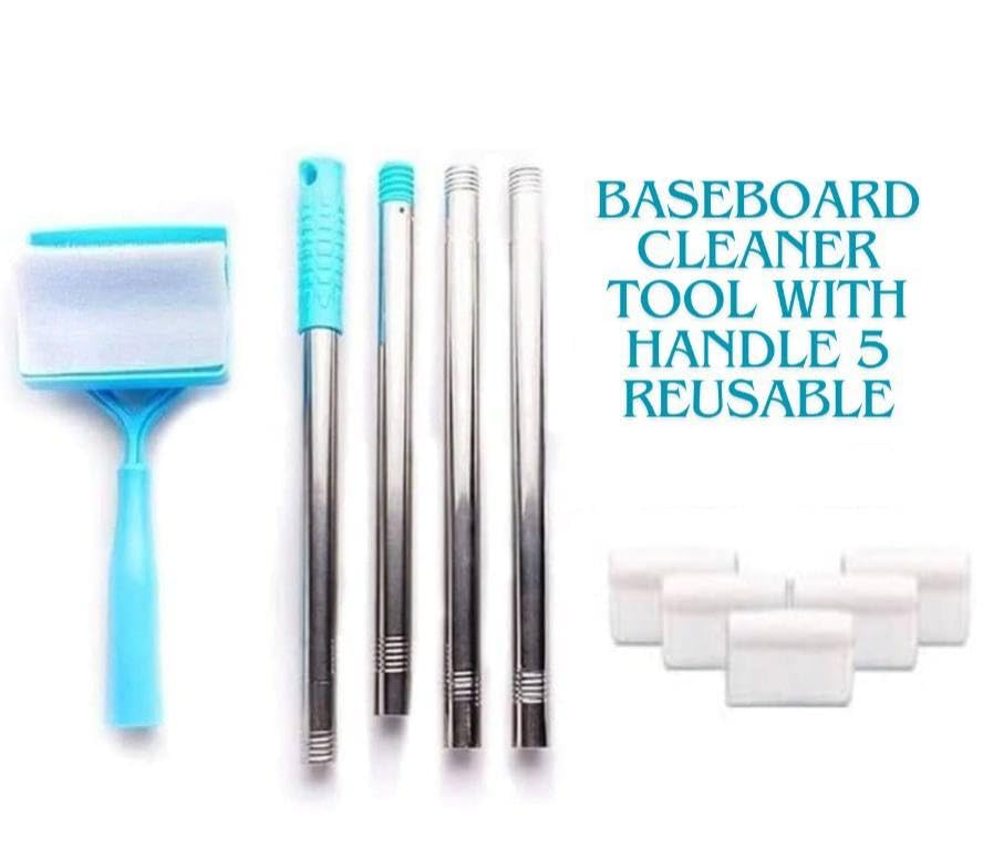 Baseboard Cleaner Tool with Handle 5 Reusable Cloths. Use for Bathroom, Kitchen and The Whole House! for Cleaning skirting Boards with Napkins and Long Handles. Retractable Microfiber Cleaning Handle