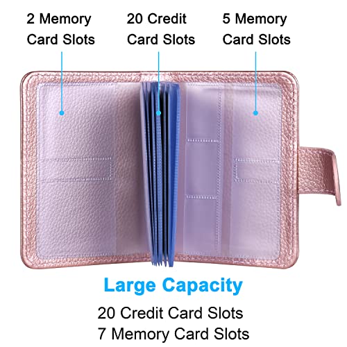 Image of Wisdompro Credit Card Holder, PU Leather Slim RFID Blocking Debit Card Protector Wallet Organizer Case with Magnetic Shut (Build in 20 Card Slot & 7 Small Cells for Memory Cards)-Vertical Rose Gold