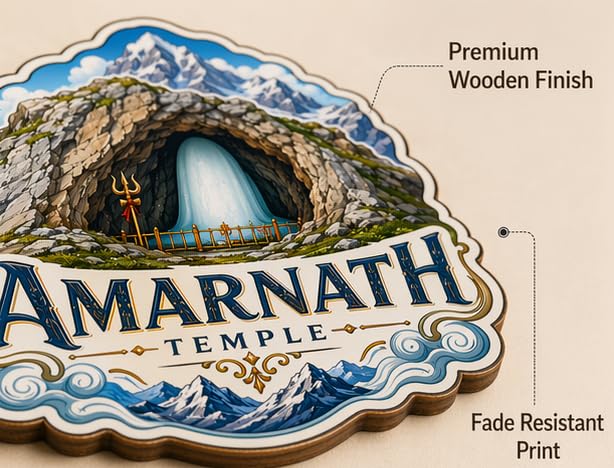 Image of Amarnath Theme Wooden Fridge Magnet Souvenir | 3x3 in Kitchen Home Decor Gift