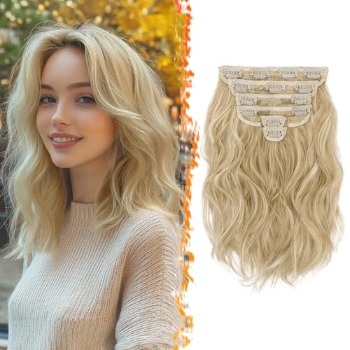 BARSDAR Clip en Extensiones de Cabello Rubio, 30cm Corta Ondulado Extensión de Pelo 6 Piezas para Mujeres Natural Sintética Clip en Postizos Cabello Extensiones   Rubio Ceniza Claro Mezcla