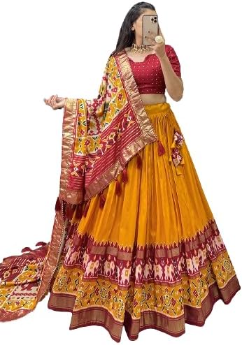 Women's Printed Tussar Silk With Leheriya And Foil Print Lehenga choli Set