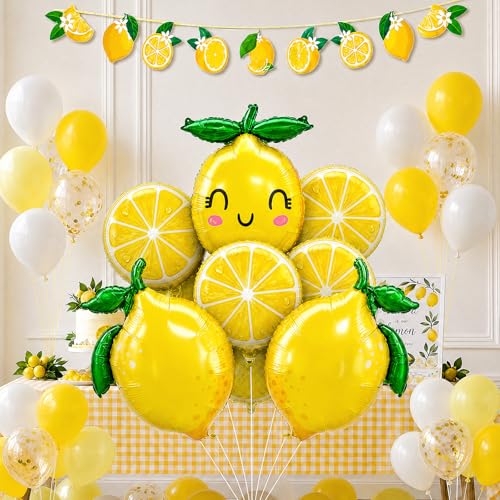 Lemon leaves Lemon foil Balloons Summer lemonade with Yellow and White Balloons Banner for Fruit theme birthday Bridal Shower Sweet Baby shower Lemonade Centerpiece amalfi coast wedding decorations