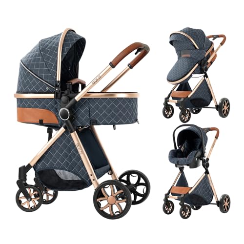 3-in-1 Reisesystem, Kinderwagen für Neugeborene & Babys, mit Babyschale, verstellbares Sonnendach, von 0-36 Monaten (Jeansblau)