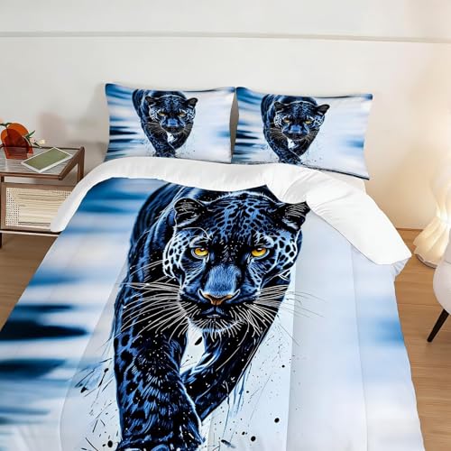 Image of Blue Leopard Comforter Set Full Size 3D Cheetah Bedding Sets for Boys Kids Adults Bedroom Decor Wildlife Animal Quilt 1 Comforter 2 Pillowcases