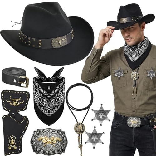 Wynlora 8Pcs Western Cowboy Costume Accessories Set Wild West Cowboy Hat with Paisley Bandana Holster Belt Bolo Tie Necklace & Sheriff Badge for Men Theme Party Halloween Party