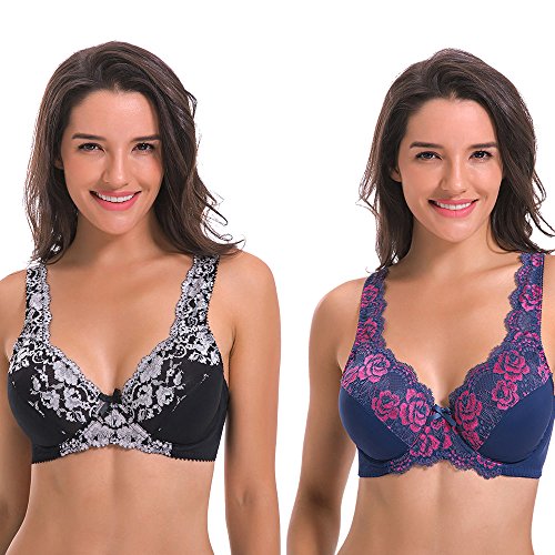 Curve Muse - Sujetador con Aros sin Forro Minimizer para Mujer con Bordado de Encaje-Paquete de 2-Azul, Plata-110E Cover