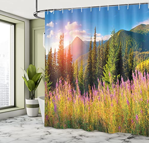 ABAKUHAUS Landscape Shower Curtain, Fall Scenery Picture in Mountains Flowers Alpine Trees Forest at Sunrise - Image 4