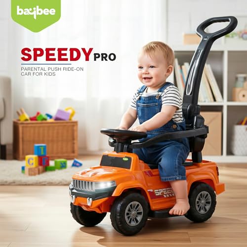 Image of Baybee Speedy Pro Baby Ride on Car for Kids with Parental Handle | Portable Kids Car with LED Lights, Music, Backrest & Basket | Toy Rideons Jeep | Toddler Push Baby Cars for 1 to 3 Years (Orange)