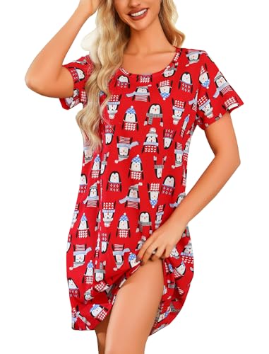 Image of ENJOYNIGHT Womens Cotton Nightgown Short Sleeve Sleepshirt Print Nightshirt | Short-Sleeve Crew Neck, Soft Cotton Fabric, Cartoon Printed Sleep Shirt, Loose Fit