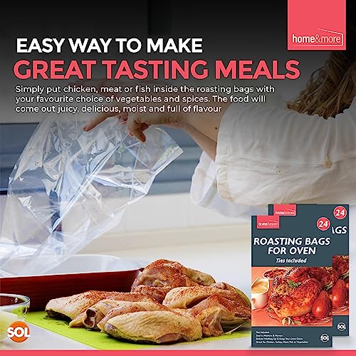 SOL 48pk Roasting Bags for Oven with Ties Included 38x25cm Multipurpose Heat Resistant Leak Proof Cooking Pouches for Poultry Meat Vegetables Turkey Beef Festive Meals Home Use