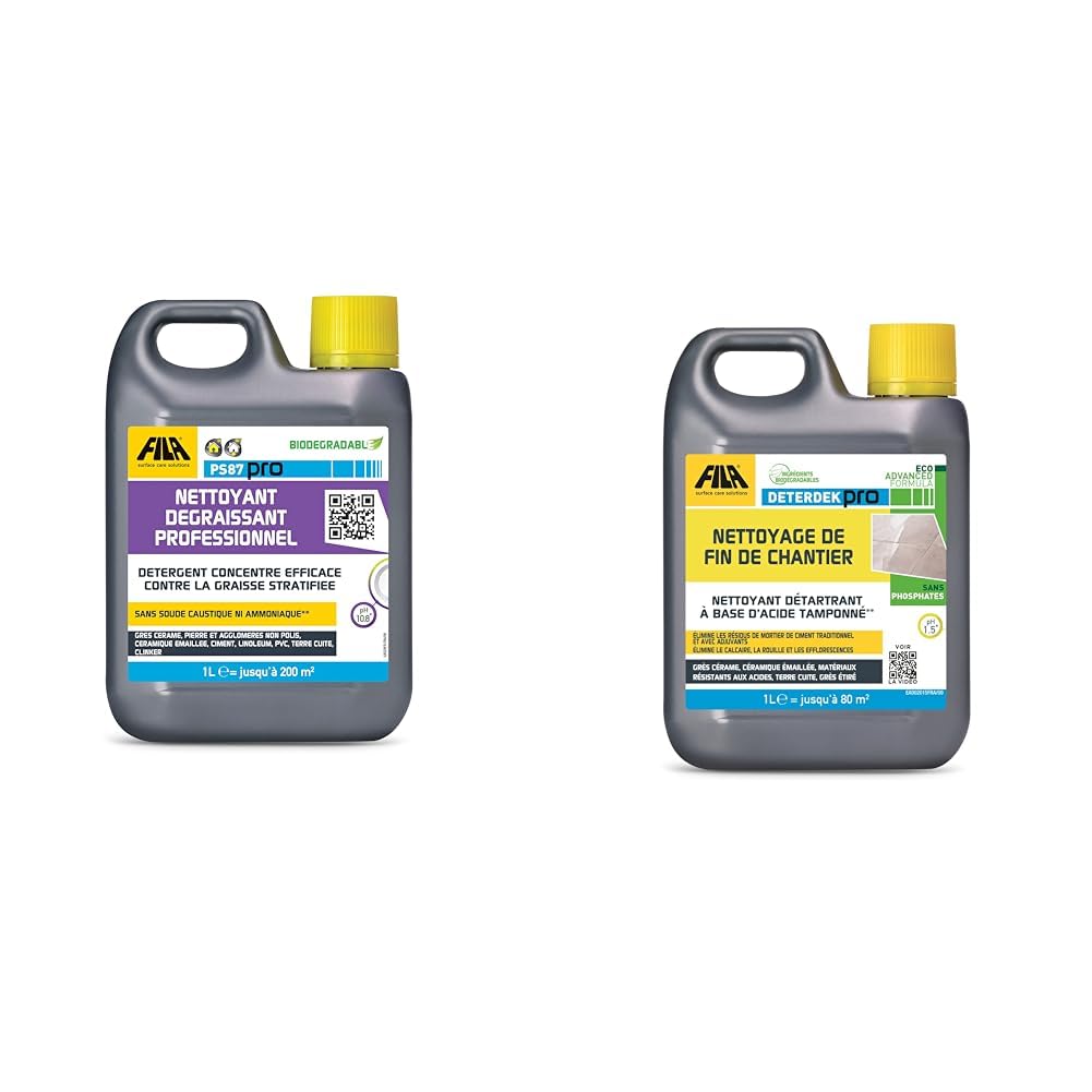 FILA Surface Care Solutions, PS87 PRO, Nettoyant Degraissant Professionel: Detergent Concentre Efficace contre la Graisse Stratifiee, 1L & DETERDEK PRO ECO ADVANCED FORMULA
