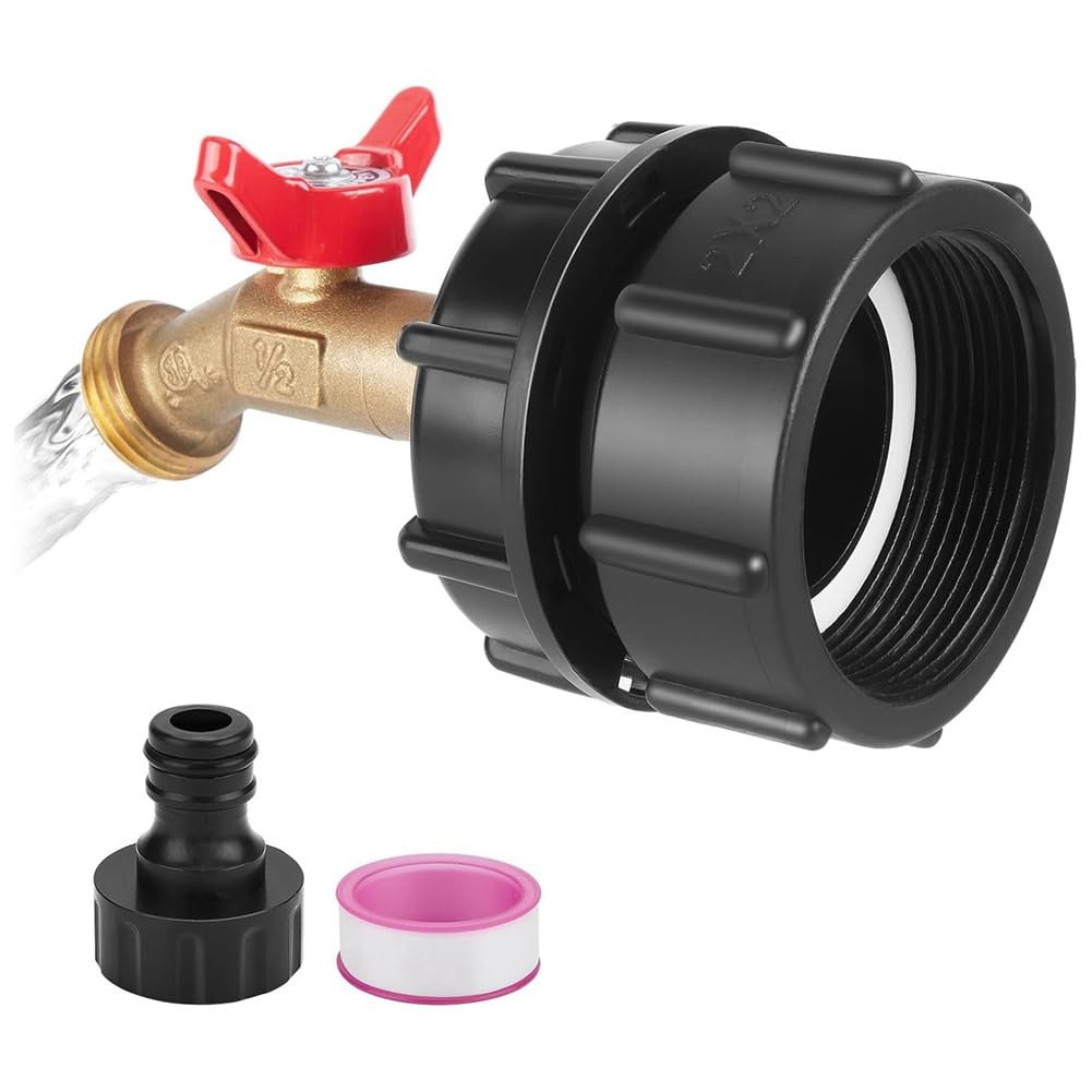 Xptieeck IBC Tank Adapter, 2.36In Fine Thread Adapter IBC Water Tank Fitting for 275-330 Gallon IBC Tote Tank, Tote Fitting with Brass Hose Faucet Valve