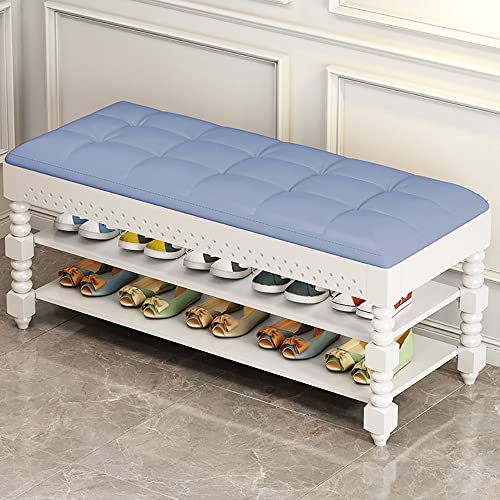 Banco zapatero de 2 niveles con asiento acolchado para entrada, pasillo, armario, estable, ahorro de espacio, color azul (80 x 35 x 45 cm), carga máxima de 440 libras