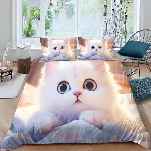 Housse de couette chat mignon pour chambre ado lit double avec fermeture éclair
