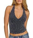 OMKAGI Womens Tank Tops Sexy Halter V Neck Going Out Tops Sleeveless Y2K Crop Top(M,293-Black White Polka Dot)
