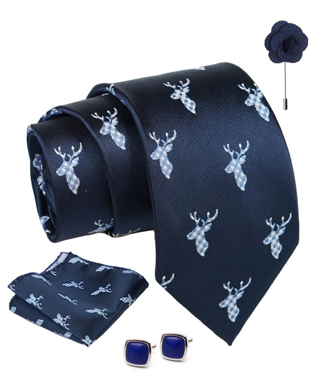 axlon Navy Blue Animal Print Tie For Men – Formal Ties Set With Pocket Square & Tie Pin Clip For Mens, Silk Neckties Gift Sets For Men’s (AX24_26)-picture-2