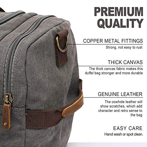 Canvas Duffle Bag, Aocome Overnight Bag for Men and Women Traveling, Genuine Leather Trim Travel Weekender Bag with Shoe Compartment, Large Carryon Luggage Bag With Shoulder Strap