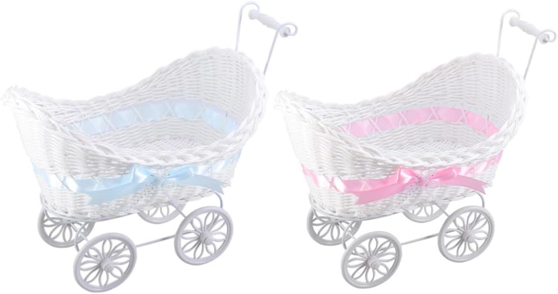 Cabilock Blue Rattan Mini Stroller Flower Basket Cane Cloth Knitted Tricycle Ornament Vintage Carriage Decor for Wedding Shower Birthday Party Home and Outdoor Furnishing