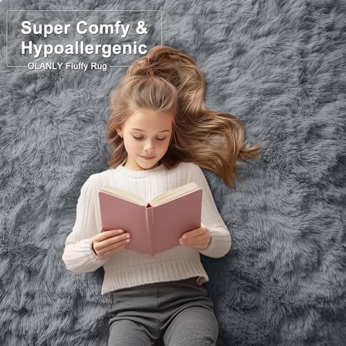 OLANLY Area Rugs for Living Room Bedroom, Machine Washable 4x5.9 ft Soft Fluffy Shaggy Bedside Rug, Indoor Floor Carpet for Kids Girls and Boys, Dorms, Nursery Rooms, Home Decor Aesthetic, Grey - 5