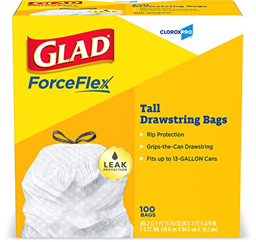 Glad ForceFlex Tall Kitchen CloroxPro Drawstring Trash Bags 13 Gallon White Trash Bag, Unscented 100 Count (78374) Package May Vary