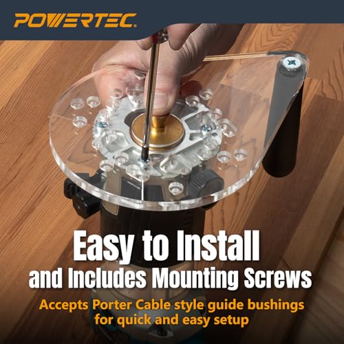 Image of POWERTEC Offset Base Plate for Trim Routers Edge Profile Tool - Fits Listed Models of Bosch, DeWalt, Makita, Porter-Cable, Ryobi, Milwaukee, Ridgid - Clear Acrylic Sub Base w /Handle & Screws (72146)