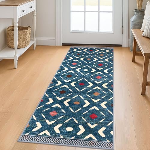 KILOCOCO Kitchen Runner Rug Washable Runner Rug Soft Hallway Runners Non Slip Printed Distressed Laundry Room Rugs, Low-Pile Runners for Entryway/Bedroom/Kitchen/Living Room, 2x5 Teal/Blue