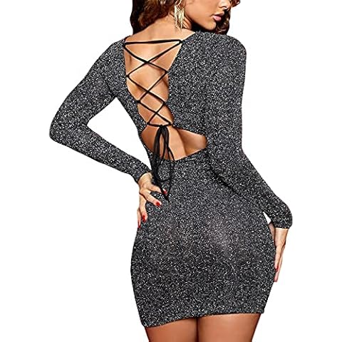 Meenew Women's Long Sleeve Glitter Sequin Lace Up Club Bodycon Bandage Dress - silver - Small Cover