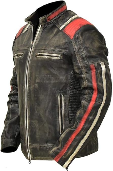 Image of Men's Leather Jacket Cafe Racer Biker Style Retro Stripes Jacket, Motorcycle Racing Leather Jacket Men