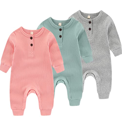 Image of IADOER Newborn Baby Boys Girls One Piece Romper With Mitten Cuffs 3 Pack Long Sleeve Ribbed Button Jumpsuit Outfit Clothes