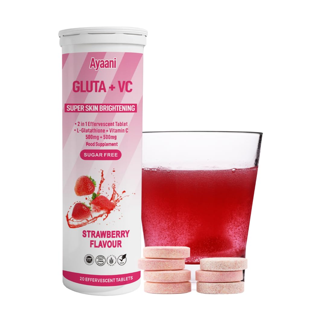 Glow Glutathione & Vitamin C Effervescent Tablets - 500mg Each, Sugar-Free Antioxidant Drink for Skin Brightening & Glowing Skin, Strawberry Flavour, 20 Vegan Tablets
